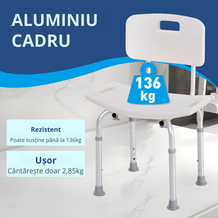  Scaun de Dus Antiderapant cu Spatar si inaltime Reglabila pe 8 Pozitii, 50,6x43x71-88 cm, Alb [4]