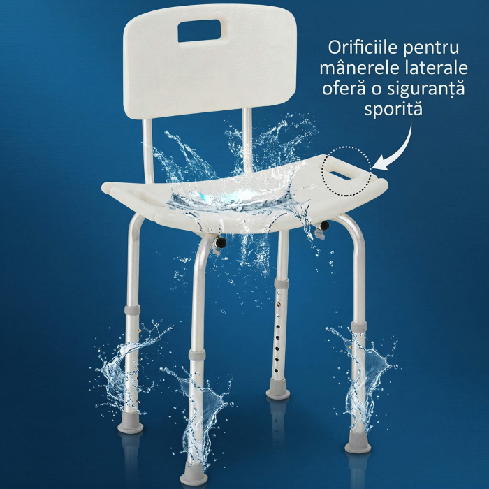  Scaun de Dus Antiderapant cu Spatar si inaltime Reglabila pe 8 Pozitii, 50,6x43x71-88 cm, Alb [8]