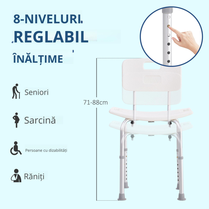  Scaun de Dus Antiderapant cu Spatar si inaltime Reglabila pe 8 Pozitii, 50,6x43x71-88 cm, Alb [6]