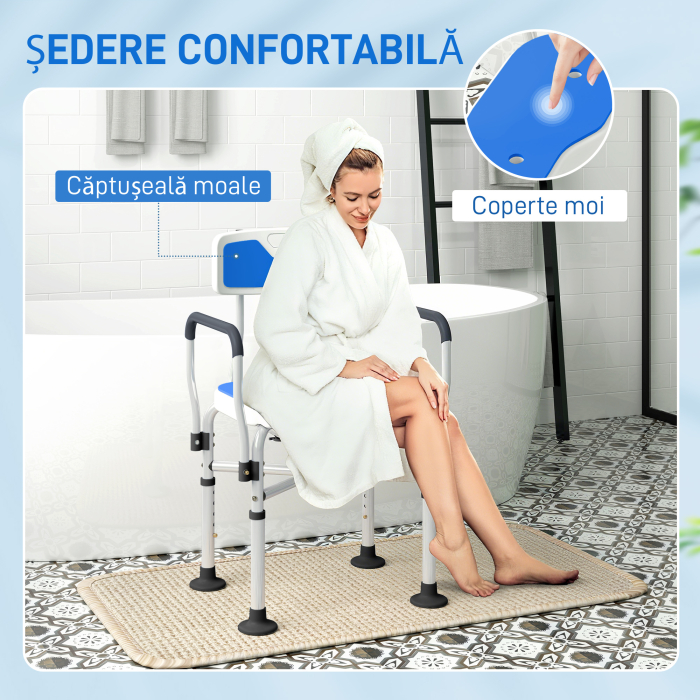  Scaun de Dus cu Spatar, Brate, sezut Canelatat, Bare de Ranforsare si inaltime Reglabila, 53x41,5x78,5-91,5 cm, Albastru [8]