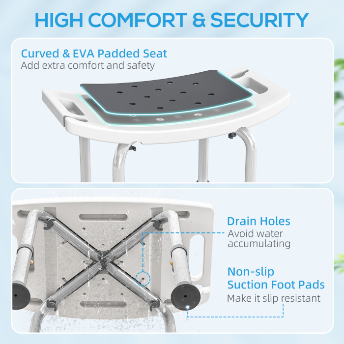  Scaun de Dus din Aluminiu si Plastic Antialunecare, inaltime Reglabila 6 Niveluri 39-52cm, Gri [4]