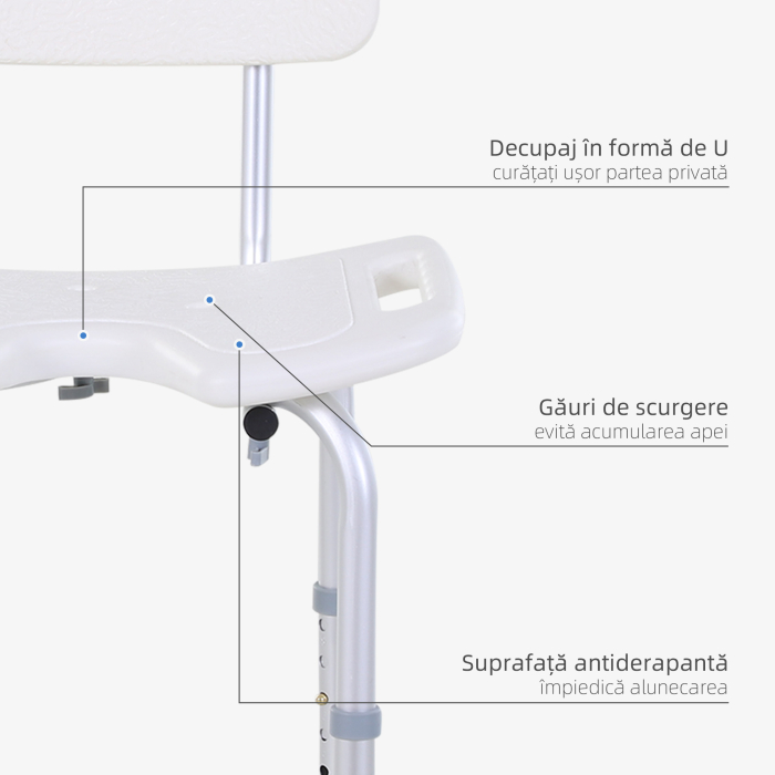  Scaun de Dus Reglabil pe 8 Nivele cu Orificii de Drenaj si sezut in Forma de U, 48x42x71-83,5 cm, Alb [4]