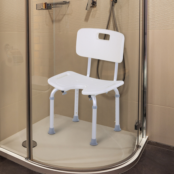  Scaun de Dus Reglabil pe 8 Nivele cu Orificii de Drenaj si sezut in Forma de U, 48x42x71-83,5 cm, Alb [2]