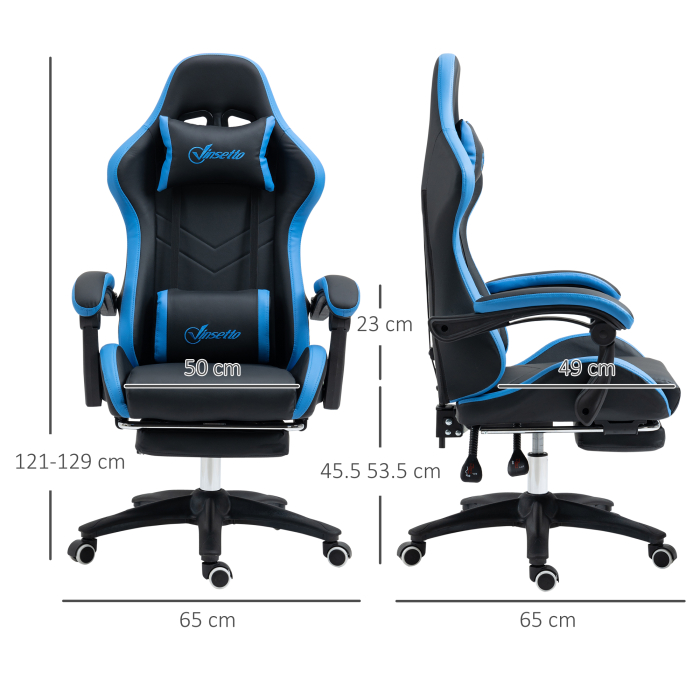  Scaun de gaming din piele ecologica PU si otel cu inaltime reglabila si spatar inclinabil, 65x65x121-129 cm, albastru si negru [3]