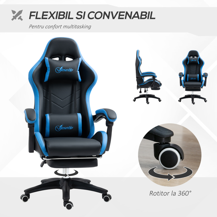  Scaun de gaming din piele ecologica PU si otel cu inaltime reglabila si spatar inclinabil, 65x65x121-129 cm, albastru si negru [6]