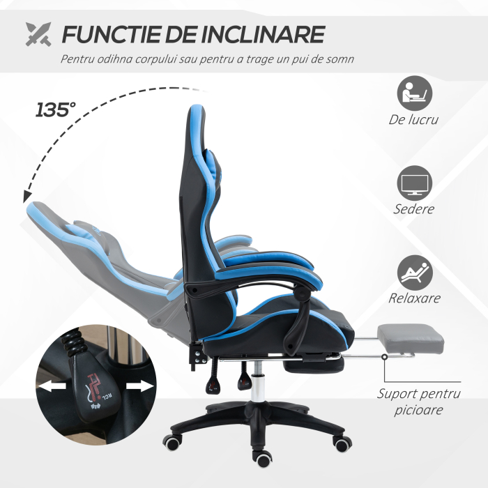  Scaun de gaming din piele ecologica PU si otel cu inaltime reglabila si spatar inclinabil, 65x65x121-129 cm, albastru si negru [5]