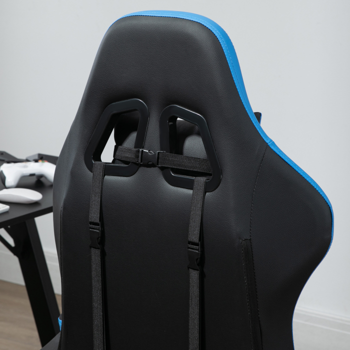  Scaun de gaming din piele ecologica PU si otel cu inaltime reglabila si spatar inclinabil, 65x65x121-129 cm, albastru si negru [8]