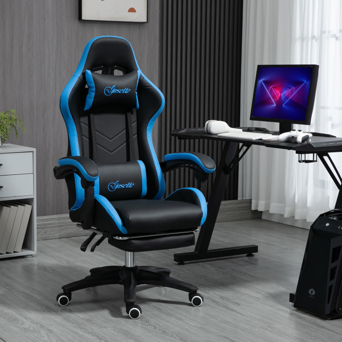  Scaun de gaming din piele ecologica PU si otel cu inaltime reglabila si spatar inclinabil, 65x65x121-129 cm, albastru si negru [2]