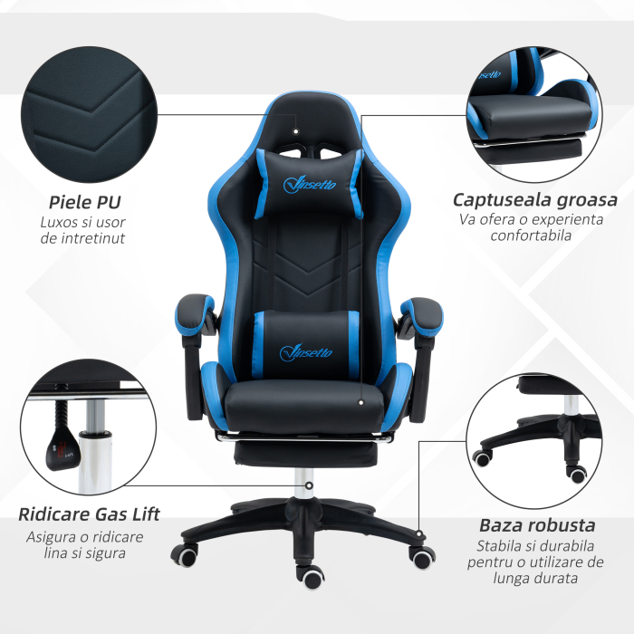 Scaun de gaming din piele ecologica PU si otel cu inaltime reglabila si spatar inclinabil, 65x65x121-129 cm, albastru si negru [7]