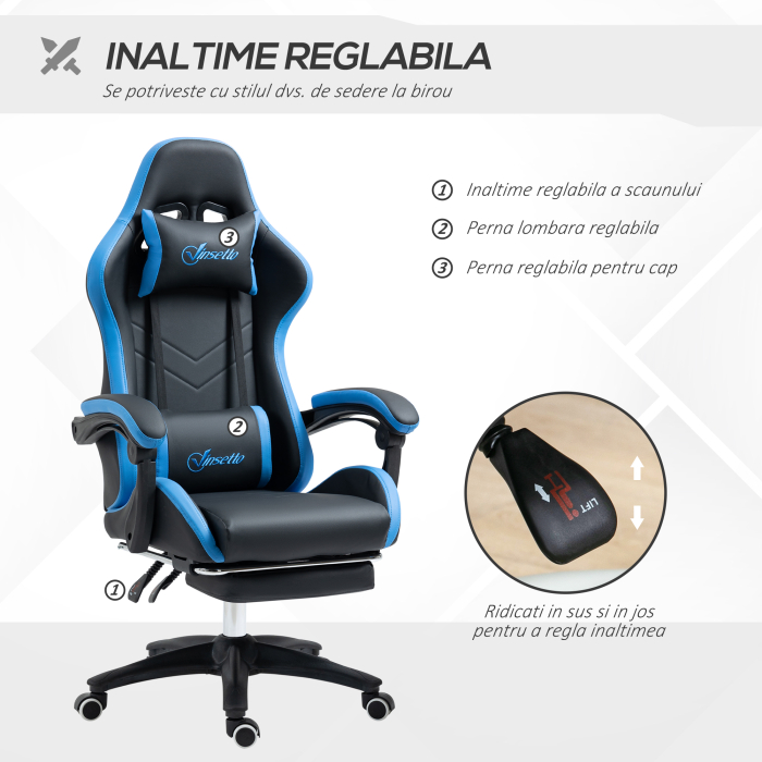  Scaun de gaming din piele ecologica PU si otel cu inaltime reglabila si spatar inclinabil, 65x65x121-129 cm, albastru si negru [4]