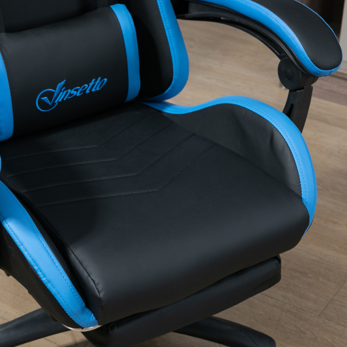  Scaun de gaming din piele ecologica PU si otel cu inaltime reglabila si spatar inclinabil, 65x65x121-129 cm, albastru si negru [9]