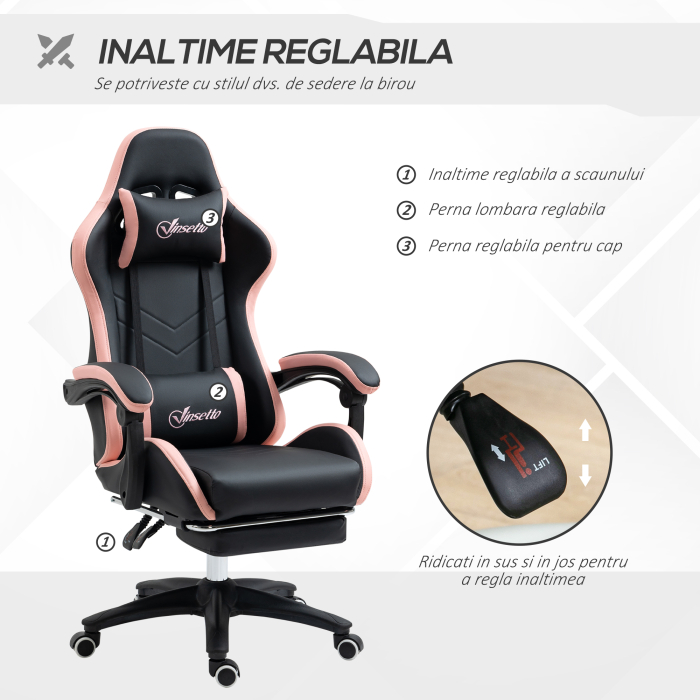  Scaun de gaming din piele ecologica PU si otel pentru dormitor sau camera de zi cu inaltime reglabila si spatar inclinabil, 65x65x121-129 cm, roz si negru [4]