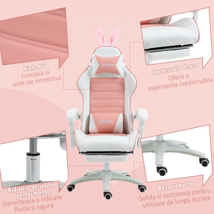  Scaun de Gaming Ergonomic cu Urechi de Iepure si Suport pentru Picioare Extensibil, 65x63x136-142 cm, Roz [8]