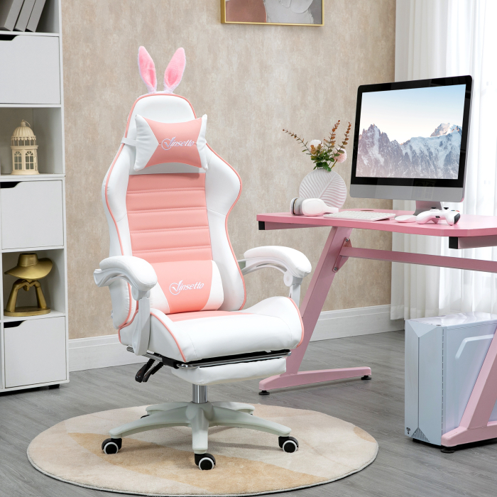  Scaun de Gaming Ergonomic cu Urechi de Iepure si Suport pentru Picioare Extensibil, 65x63x136-142 cm, Roz [2]