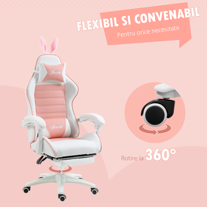  Scaun de Gaming Ergonomic cu Urechi de Iepure si Suport pentru Picioare Extensibil, 65x63x136-142 cm, Roz [7]