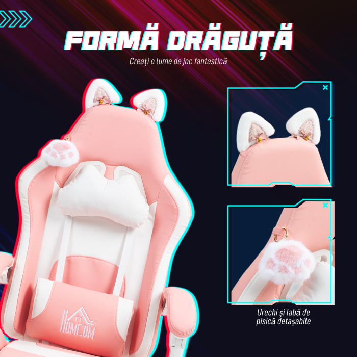  Scaun de Gaming Ergonomic cu Urechi de Pisica, Suport pentru Picioare, Suport Lombar si pentru Gat, Roz [4]