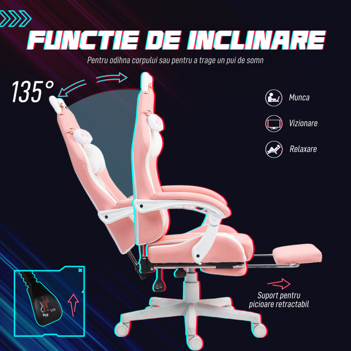  Scaun de Gaming Ergonomic cu Urechi de Pisica, Suport pentru Picioare, Suport Lombar si pentru Gat, Roz [6]