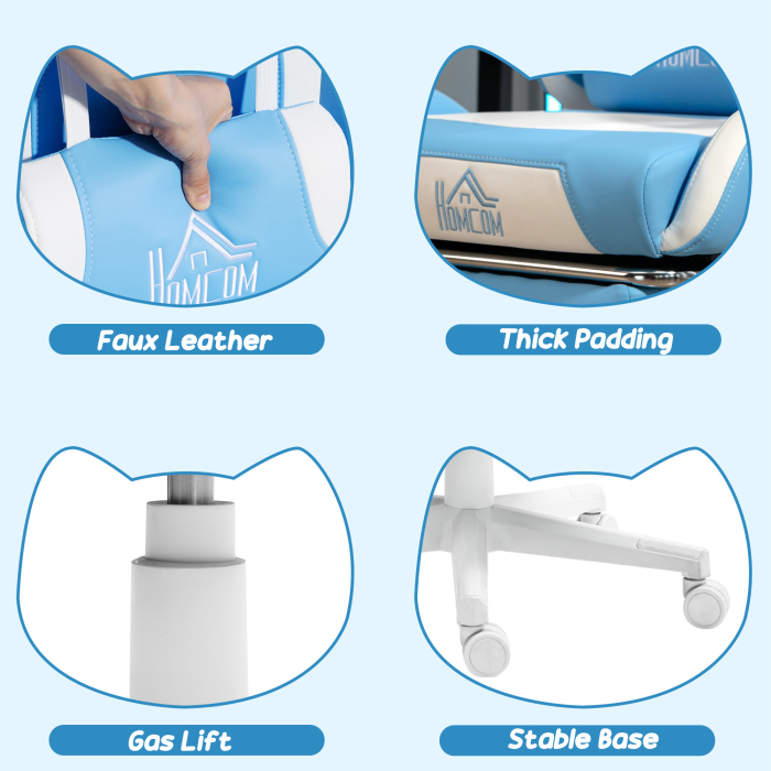  Scaun de gaming reclinabil cu suport pentru picioare si perne, 65x62x124 cm, alb si albastru [8]