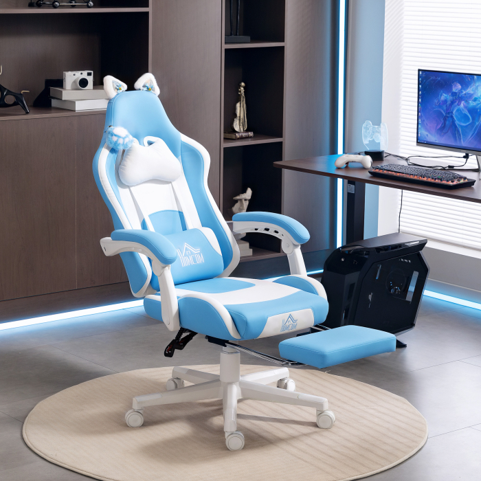  Scaun de gaming reclinabil cu suport pentru picioare si perne, 65x62x124 cm, alb si albastru [2]