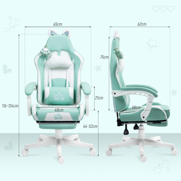 Scaun de Gaming Reclinabil  cu Suport pentru Picioare si Perne, din Piele Artificiala si Spuma, 65x62x116-124 cm, Albastru si Alb [3]