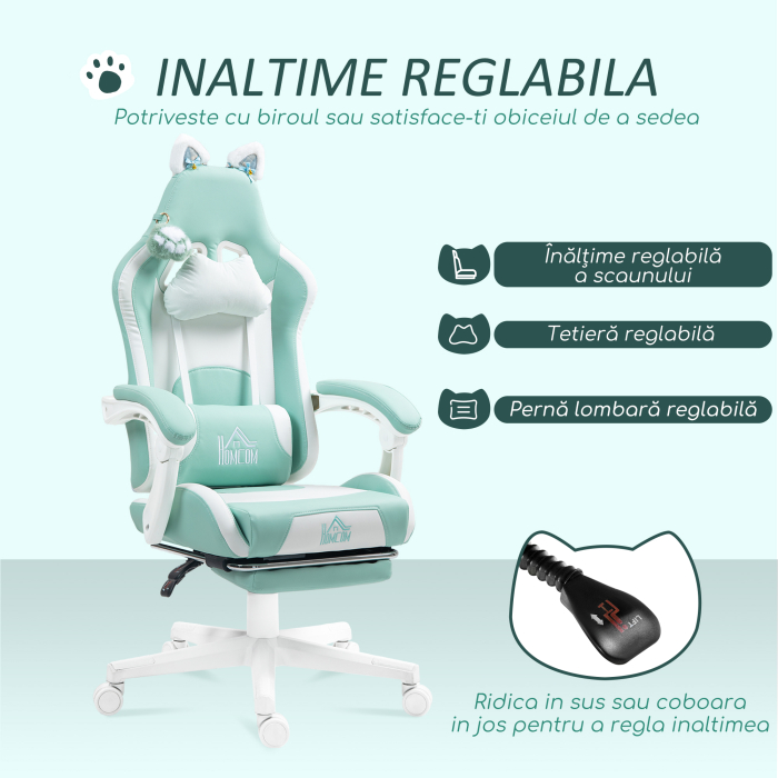 Scaun de Gaming Reclinabil  cu Suport pentru Picioare si Perne, din Piele Artificiala si Spuma, 65x62x116-124 cm, Albastru si Alb [5]