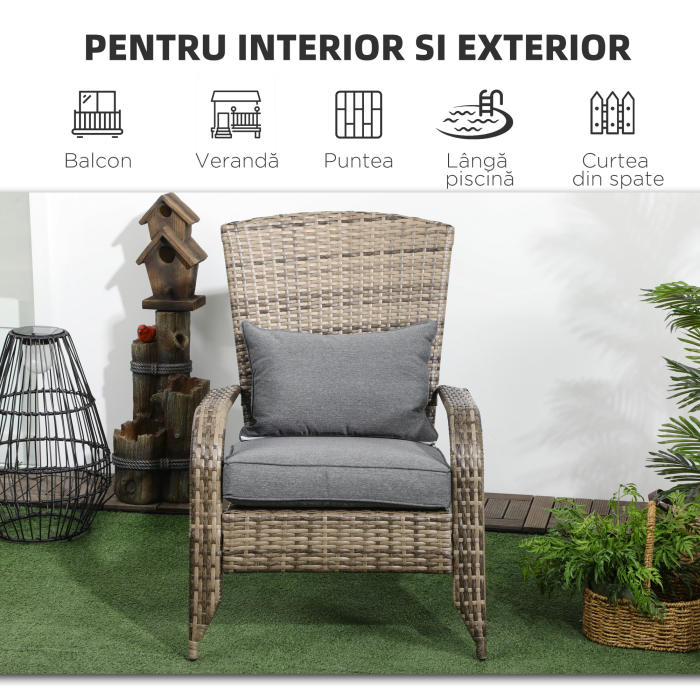  Scaun de Gradina din Ratan, Scaun de Exterior cu Cotiere, Perne si Spatar inalt Curbat, 64x80x90 cm, Gri [7]