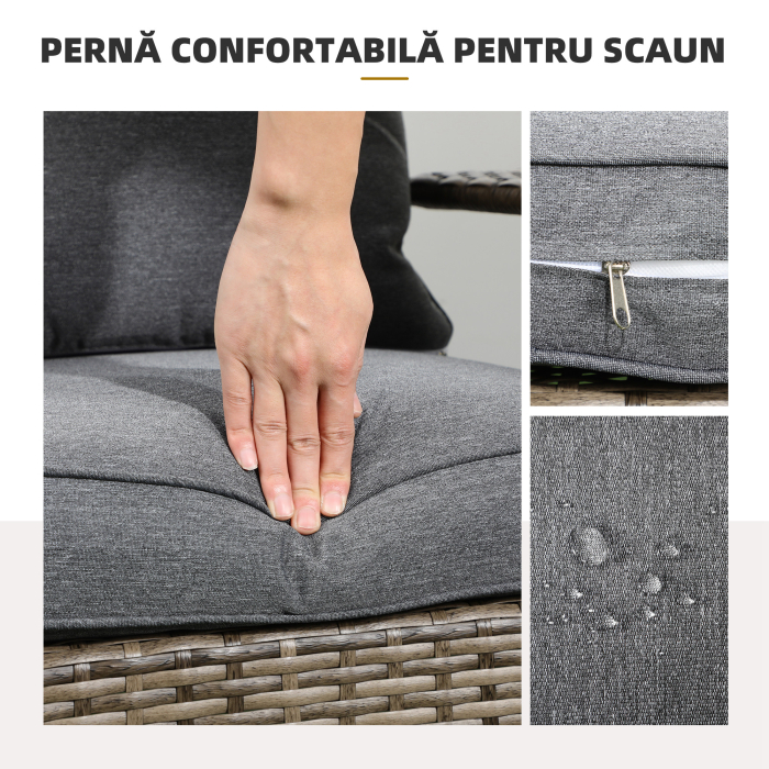  Scaun de Gradina din Ratan, Scaun de Exterior cu Cotiere, Perne si Spatar inalt Curbat, 64x80x90 cm, Gri [6]