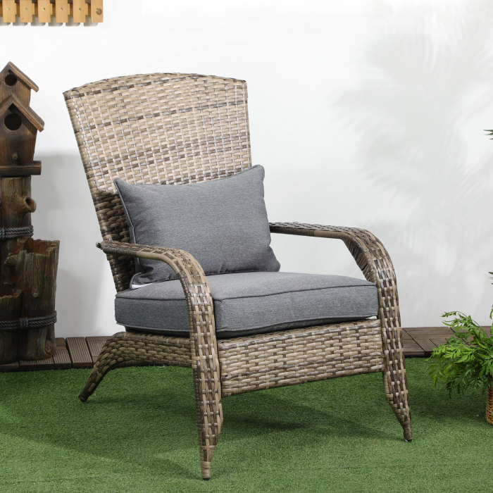  Scaun de Gradina din Ratan, Scaun de Exterior cu Cotiere, Perne si Spatar inalt Curbat, 64x80x90 cm, Gri [2]