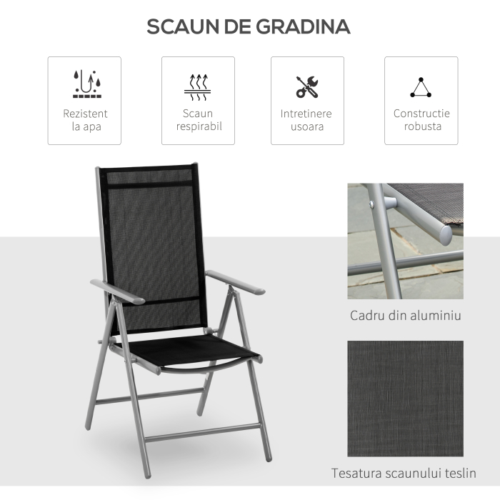  Scaun de Gradina Pliabil cu Spatar Reglabil din Aluminiu, Negru 65x55x107cm [4]
