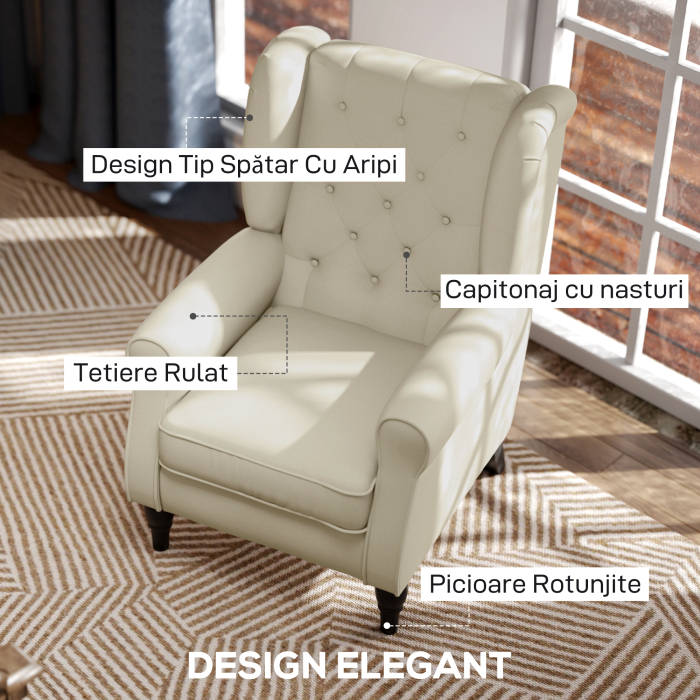  Scaun Decorativ Tapitat - Alb Crem, Cu Spatar inalt & Cotiere Moi [4]