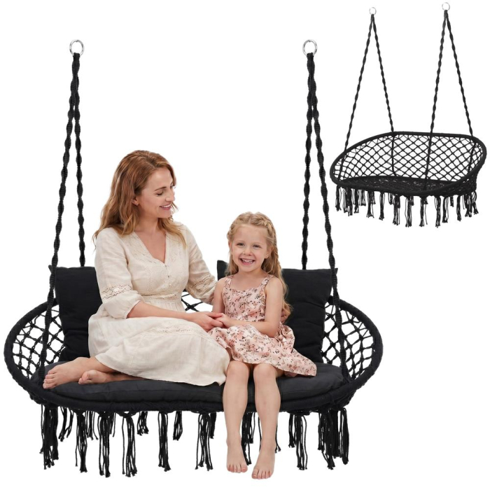 Scaun dublu tip leagan suspendat pentru casa sau gradina, cu perne, stil boho, 128x66x124 cm, maxim 300 kg, negru [3]