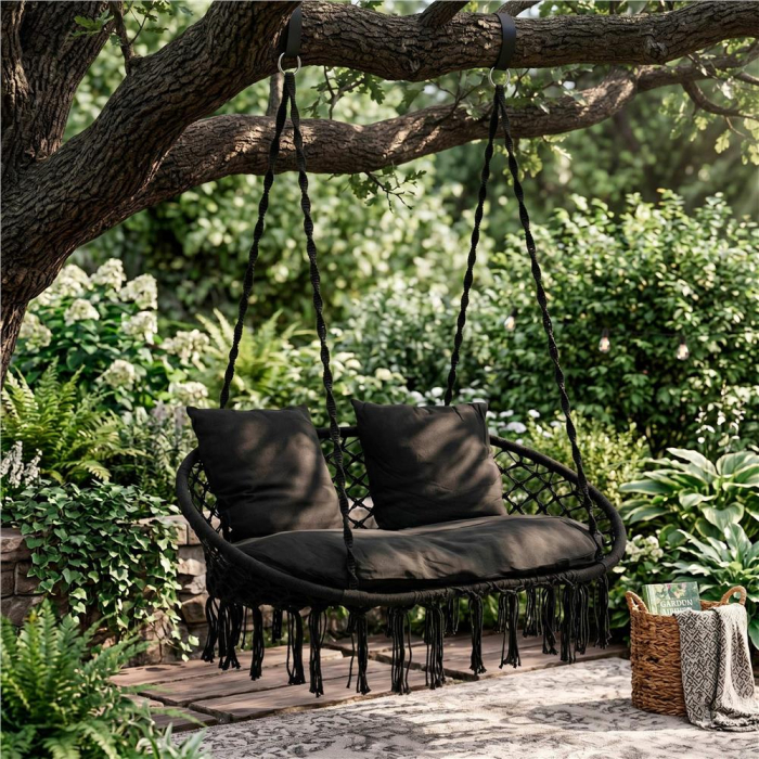 Scaun dublu tip leagan suspendat pentru casa sau gradina, cu perne, stil boho, 128x66x124 cm, maxim 300 kg, negru [18]
