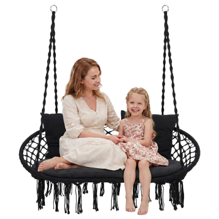 Scaun dublu tip leagan suspendat pentru casa sau gradina, cu perne, stil boho, 128x66x124 cm, maxim 300 kg, negru [6]