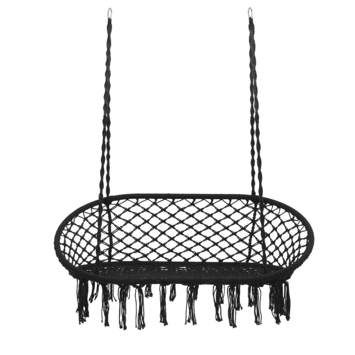 Scaun dublu tip leagan suspendat pentru casa sau gradina, cu perne, stil boho, 128x66x124 cm, maxim 300 kg, negru [7]