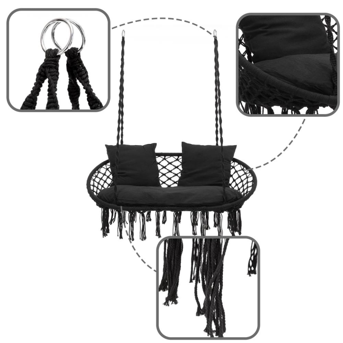 Scaun dublu tip leagan suspendat pentru casa sau gradina, cu perne, stil boho, 128x66x124 cm, maxim 300 kg, negru [5]