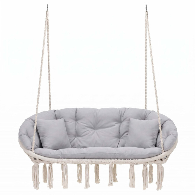 Scaun dublu tip leagan suspendat pentru casa sau gradina, cu perne, stil boho, 130x66x120 cm, maxim 300 kg, crem si gri [6]