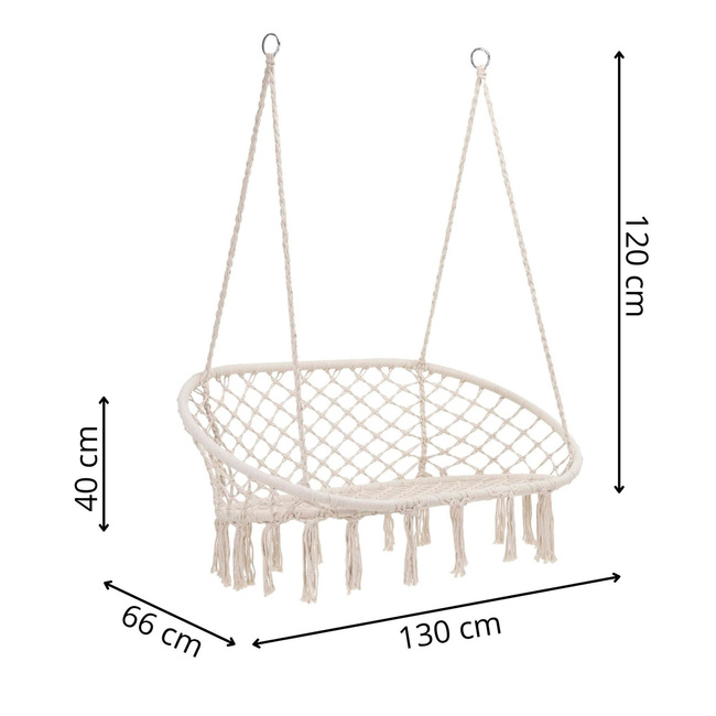 Scaun dublu tip leagan suspendat pentru casa sau gradina, cu perne, stil boho, 130x66x120 cm, maxim 300 kg, crem si gri [15]