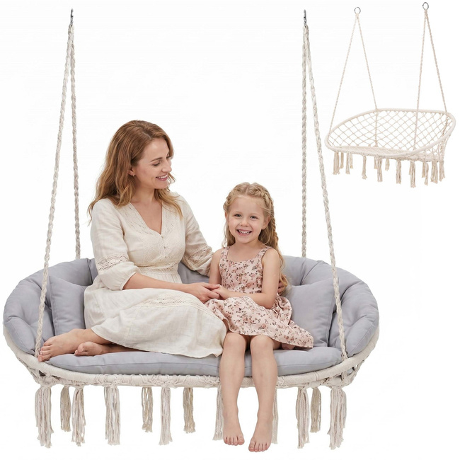 Scaun dublu tip leagan suspendat pentru casa sau gradina, cu perne, stil boho, 130x66x120 cm, maxim 300 kg, crem si gri [2]