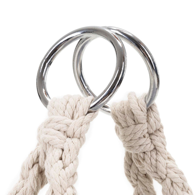 Scaun dublu tip leagan suspendat pentru casa sau gradina, cu perne, stil boho, 130x66x120 cm, maxim 300 kg, crem si gri [9]