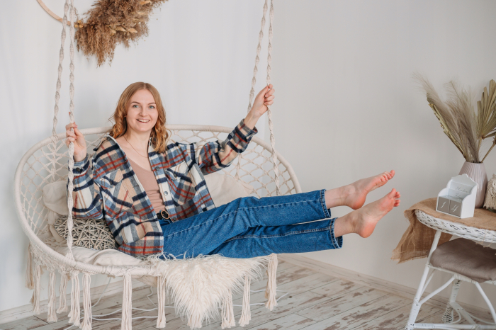 Scaun dublu tip leagan suspendat pentru casa sau gradina, Sersimo, cu franjuri, bej [5]