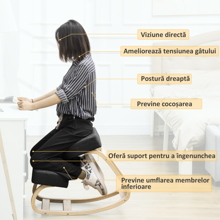  Scaun Ergonomic cu Suport Genunchi - Lemn Mesteacan, Negru [5]