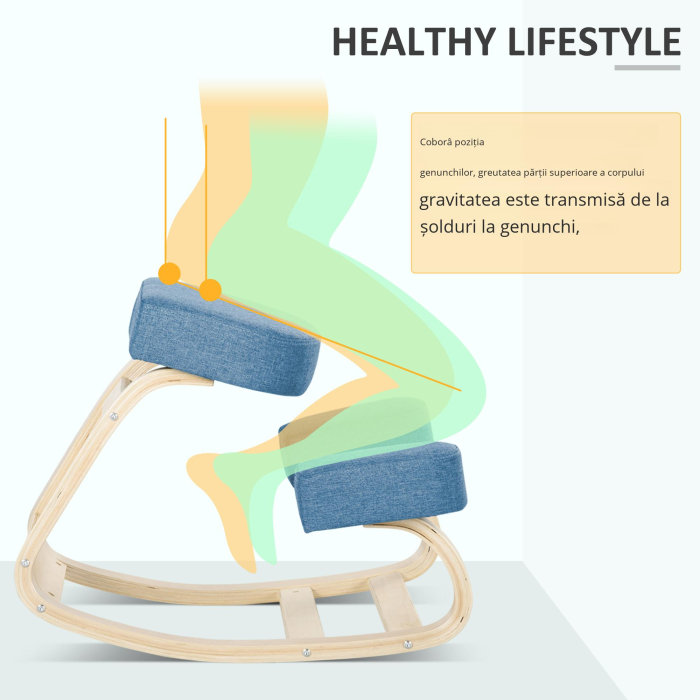  Scaun Ergonomic cu Suport pentru Genunchi din Lemn de Mesteacan, 51x69x58 cm, Albastru [5]