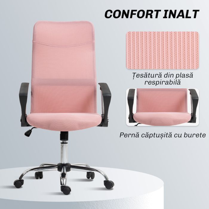 Scaun Ergonomic de Birou  Pivotant, inaltime Ajustabila si Spatar din Material Textil, 63x65x109-119 cm, Roz [7]