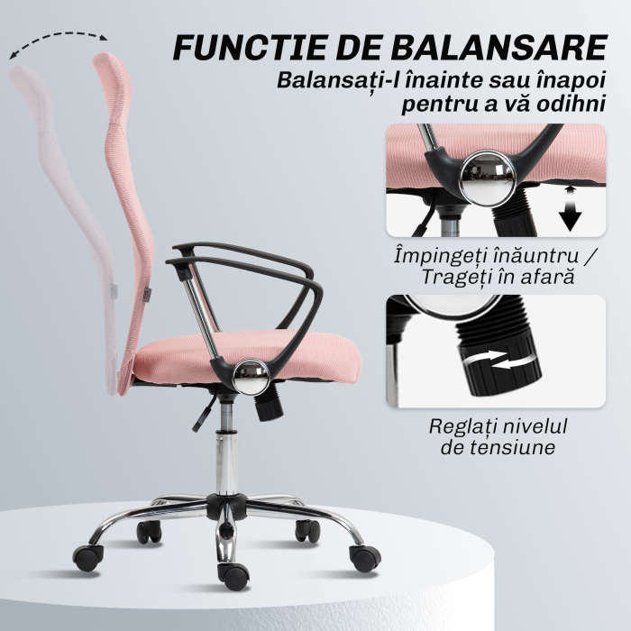 Scaun Ergonomic de Birou  Pivotant, inaltime Ajustabila si Spatar din Material Textil, 63x65x109-119 cm, Roz [6]
