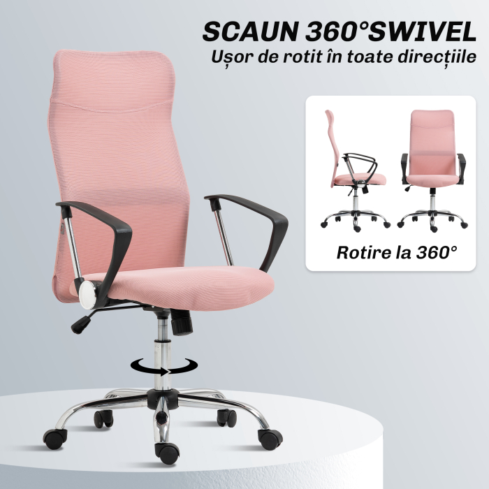 Scaun Ergonomic de Birou  Pivotant, inaltime Ajustabila si Spatar din Material Textil, 63x65x109-119 cm, Roz [5]