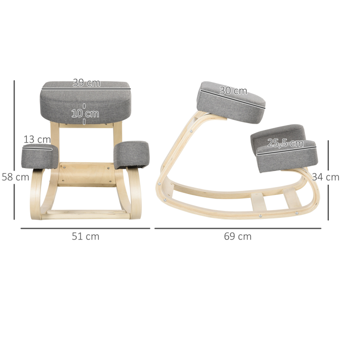  Scaun ergonomic din lemn cu perna captusita din spuma de cauciuc, 51x69x58, Gri [3]