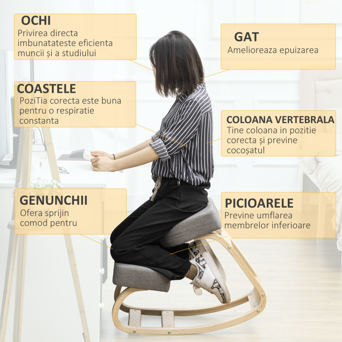  Scaun ergonomic din lemn cu perna captusita din spuma de cauciuc, 51x69x58, Gri [5]