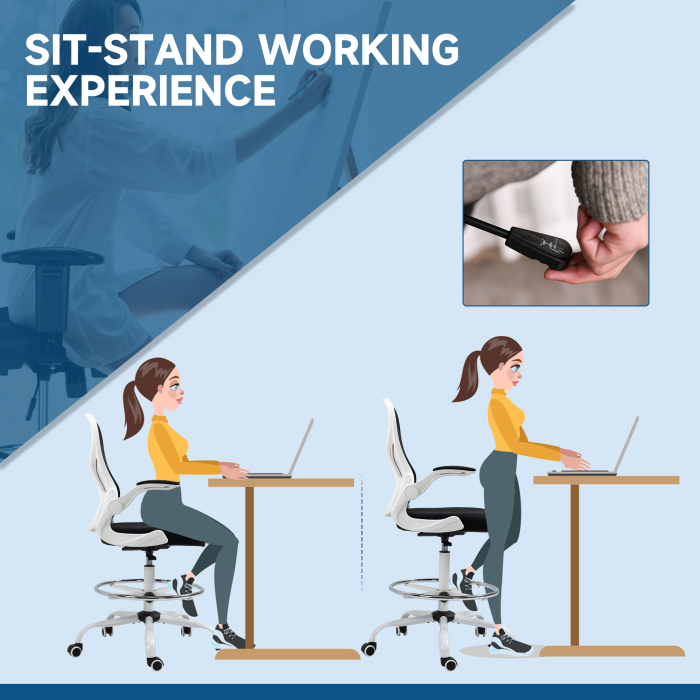  Scaun ergonomic inalt pentru birou, pentru stat in picioare, cotiere rabatabile, suport lombar, inaltime reglabila, negru [5]