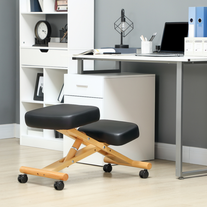 Scaun Ergonomic pentru Genunchi cu inaltime Reglabila din Lemn cu Rotile, 42x70x42-52 cm, Negru [2]