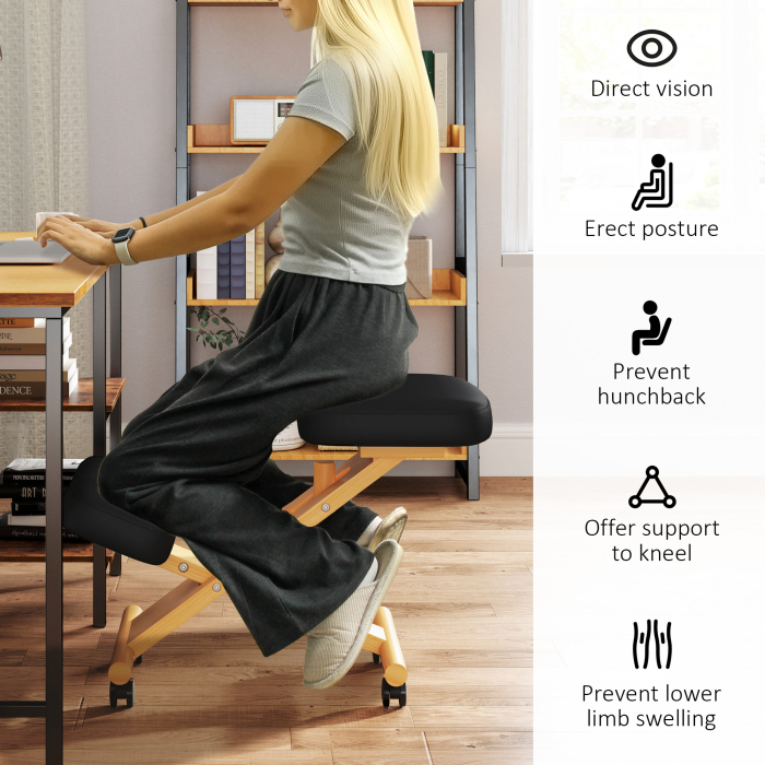  Scaun Ergonomic pentru Genunchi cu inaltime Reglabila din Lemn cu Rotile, 42x70x42-52 cm, Negru [5]